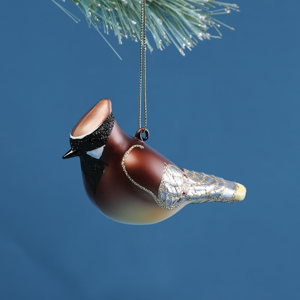 Blown Glass Bird Ornament Cedar Waxwing